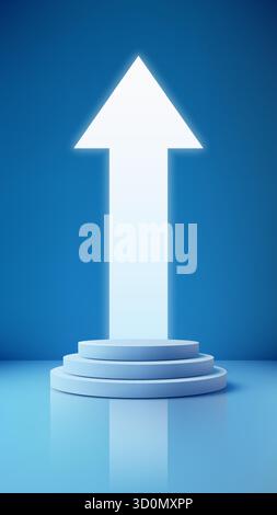 modern bright white arrow shooting up from 3D three tiered blue podium, perfect for business concepts, symbolizing when a company achieves success and Stock Vector
