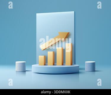 3D business growth chart success concept on blue podium golden arrow financial progress visualization for corporate presentation stage mockup for visu Stock Vector
