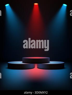 3D empty three cylindrical pedestal on dark stage background, illuminated blue and red spotlights. advertising, showcase technology, product mockups o Stock Vector