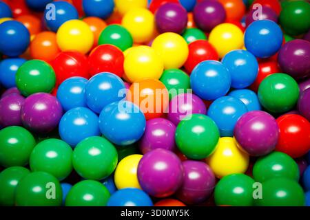 Pile of multicolored plastic balls used in playground or kids ball pit. Stock Photo