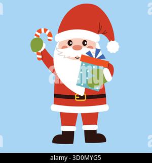 Funny Santa Claus with candy cane and present in hand, wearing red hat with pom-pom on blue background. Flat cartoon Christmas symbol for design, post Stock Vector