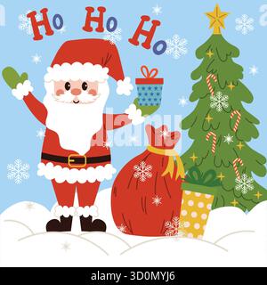 Square Christmas card with a scene of a joyful Santa Claus saying ho-ho-ho and a sack of presents against a background of a Christmas tree and falling Stock Vector