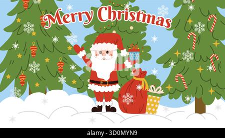 A horizontal Christmas card with happy Santa Claus with a sack of gift boxes, standing against a Christmas trees and falling snowflakes. Large red let Stock Vector
