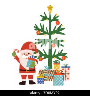 Happy Santa Claus near decorated Christmas tree with toys and gift boxes under it in flat cartoon style. Festive joyful composition, illustration for Stock Vector