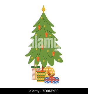 Cartoon flat Christmas tree with gift boxes under it. Cozy festive image for celebration, greeting, postcard, decoration, poster, winter market or joy Stock Vector