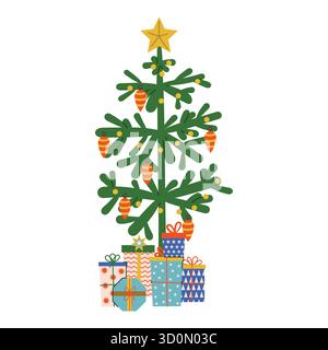 Hand drawn Christmas tree with wrapped gift boxes in flat cartoon style. Decorative festive element for print, card, packaging, web, invitation or joy Stock Vector