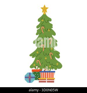 Christmas tree with holiday gift boxes in flat cartoon style. Festive illustration for winter greeting, postcard, print, sticker, decoration, celebrat Stock Vector