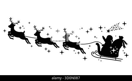 Santa Claus in black silhouette on sleigh with reindeer surrounded by stars. Flat cartoon Christmas symbol, perfect for greeting card, poster, winter Stock Vector