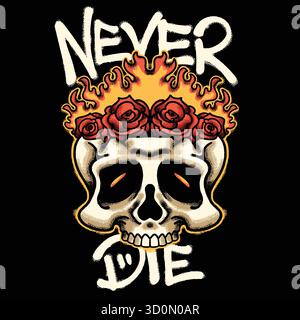 Skull Fire and Roses for streetwear illustration Stock Vector