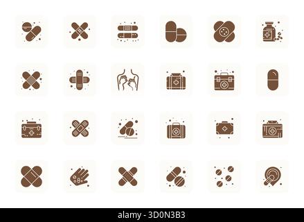Distinctive pack of 24 Detail Enhanced vector icons inspired by Pain Relief, crafted in Filled format at 64x64 for memorable brand experiences. Stock Vector