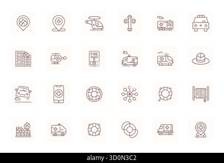 Handcrafted collection featuring 24 Regular Bold Outline vector icons for Emergency Services, optimized in 128x128 Grid Fitted resolution for premium Stock Vector