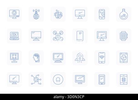 Masterfully created 24 vector icons representing Technology Icon in Regular Bold Outline design, featuring 256x256 Display Perfect resolution for exce Stock Vector
