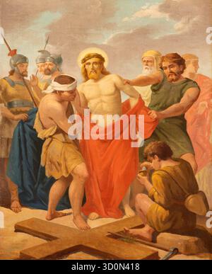 SALERNO, ITALY - OCTOBER 6, 2025: The painting of Jesus is stripped of his clothes as the part of Cross way stations Stock Photo