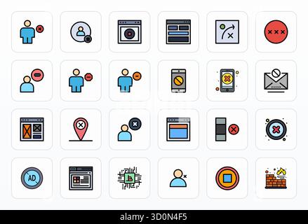 Exceptional collection of 24 Filled Line vector icons for Block, delivered in Retina Ready Grid Fitted resolution for unparalleled visual excellence a Stock Vector
