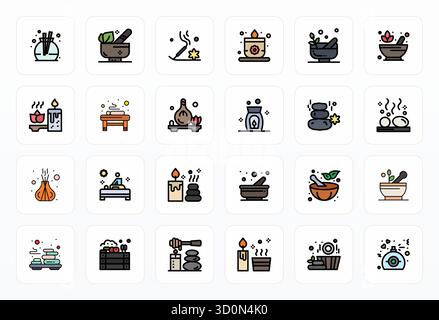 Masterfully created 24 vector icons representing Aromatherapy in Filled Line design, featuring High Resolution Grid Fitted resolution for exceptional Stock Vector