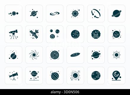Sophisticated bundle of 24 Glyph vector icons for Astrophysics, engineered with 64x64 Pixel Aligned clarity for professional applications. Stock Vector