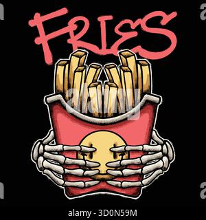 Skull Hands Grasping French Fries Urban Streetwear Art Stock Vector