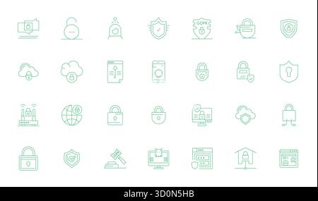 A clean collection of 28 Thin Line vector icons representing Online Security, designed in High Resolution Grid Fitted format for modern dashboards and Stock Vector
