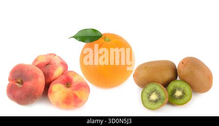 A colorful, horizontal still life showcases an orange, flat peaches, and kiwi, isolated against a brilliant white background. Stock Photo