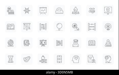 Masterfully created 28 vector icons representing Learning in Thin Outline design, featuring Retina Ready Pixel Optimized resolution for exceptional vi Stock Vector