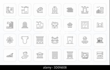 Advanced collection of 28 Grid Fitted vector icons inspired by Architecture, crafted in Thin Line with 256x256 optimization for superior visual perfor Stock Vector