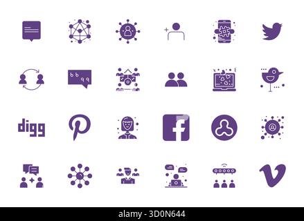 Enhance your projects with 24 Filled vector icons themed around Social Network, featuring 256x256 PIXEL Perfect resolution ideal for clean and profess Stock Vector