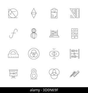 Complete package of 16 vector icons themed around Mathematics, showcasing Thin Line design in 128x128 Pixel Aligned quality for modern interfaces. Stock Vector