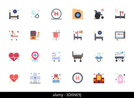 Carefully curated 24 Flat vector icons for Nursing, featuring High Resolution PIXEL Perfect resolution for consistent brand representation and user ex Stock Vector