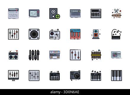 Strategic bundle featuring 24 vector icons representing Soundboard in Flat Line Filled format, optimized with 256x256 Editable quality for professiona Stock Vector