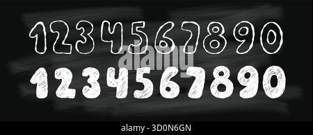 Chalk Board with White Numbers. Crayon Textured and Outline Handwritten Signs. Isolated hand drawn doodles for design. Vector illustration. Not AI Stock Vector