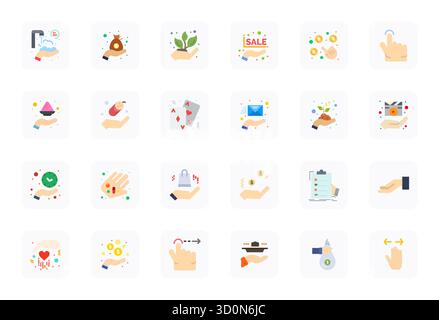 A versatile set of 24 Flat PIXEL Perfect vector icons focused on Hand, delivered in crisp Retina Ready format ideal for mobile and web applications. Stock Vector
