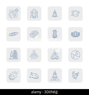 Expertly designed 16 Thin Outline PIXEL Perfect vector icons for Space Travel, engineered at High Resolution resolution for flawless integration and p Stock Vector