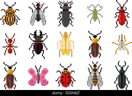 Pixel art insects. Pixelated 8 bit insect and beetle icons including ant, bee, butterfly, fly, ladybug, beetle and wasp in old school retro arcade Stock Vector