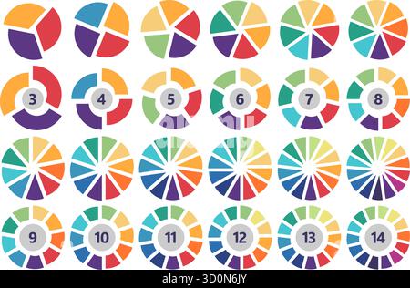Divided circle slice diagram. Segmented color wheels, circular pie chart and segmented donut diagrams for infographics, data visualization and Stock Vector