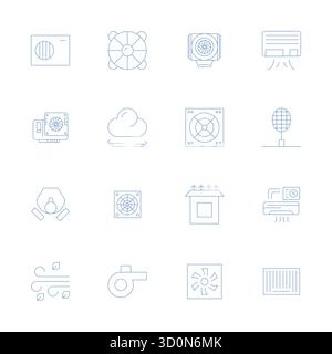 Perfectly balanced 16 Thin Line Grid Fitted vector icons for Airflow, sized at 256x256 for harmonious integration in digital design projects. Stock Vector