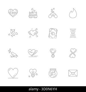 Industry-leading pack of 16 Thin Line Pixel Optimized vector icons for Passion, sized at 64x64 for optimal rendering and user interface excellence. Stock Vector