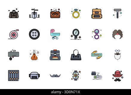 Refined bundle featuring 24 Flat Line Filled vector icons for Accessories, optimized with High Resolution Grid Fitted quality for elegant and function Stock Vector