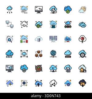 Precision-engineered 36 Flat Line Filled vector icons for Cloud Computing, designed at 64x64 Display Perfect resolution for exceptional clarity and sc Stock Vector