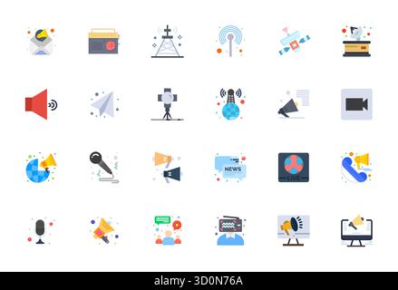 Refined bundle featuring 24 Flat vector icons for Broadcast, optimized with 256x256 Editable quality for elegant and functional design solutions. Stock Vector