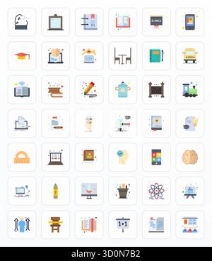 Masterfully created 42 vector icons representing Learning in Flat design, featuring 64x64 PIXEL Perfect resolution for exceptional visual quality. Stock Vector