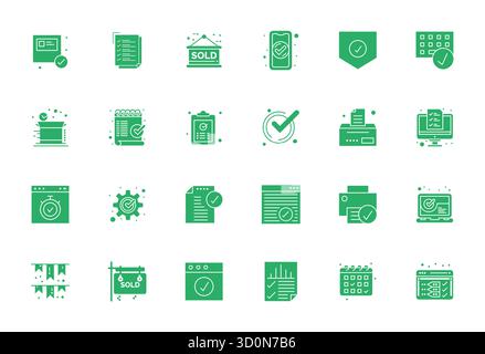 A clean collection of 24 Filled vector icons representing Completed, designed in 256x256 Pixel Aligned format for modern dashboards and interfaces. Stock Vector