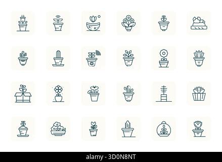 Exceptional collection of 24 Regular Bold Outline vector icons for Potted, delivered in 64x64 Pixel Aligned resolution for unparalleled visual excelle Stock Vector