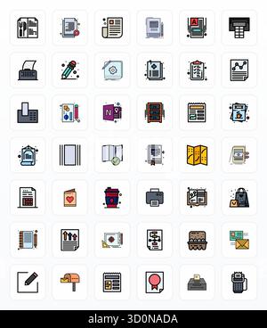 Masterfully created 42 vector icons representing Paper in Filled Line design, featuring 128x128 PIXEL Perfect resolution for exceptional visual qualit Stock Vector