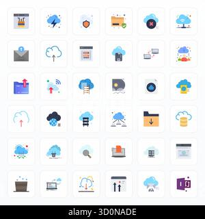 Meticulously crafted 36 Flat vector icons for Cloud Storage, delivered in 64x64 Editable quality for uncompromising design standards. Stock Vector