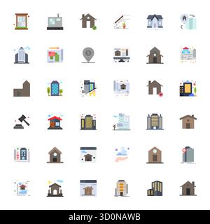 Contemporary collection of 36 vector icons representing Real Estate in Flat aesthetic, featuring High Resolution Display Perfect resolution for modern Stock Vector