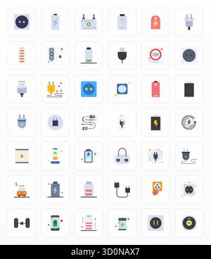 Comprehensive bundle featuring 42 vector icons in Flat design for Charging, delivered in crisp 256x256 Pixel Optimized quality. Stock Vector