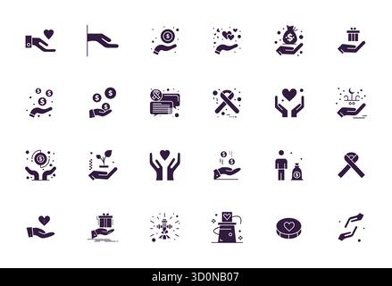 Essential pack of 24 Pixel Optimized vector icons for Donation in Filled format, sized at High Resolution for optimal performance and scalability. Stock Vector