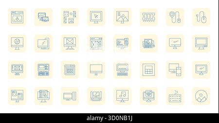 Explore 32 Thin Outline Grid Fitted vector icons in Retina Ready resolution inspired by Desktop. Perfect for web and app interfaces. Stock Vector