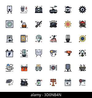 Refined bundle featuring 36 Flat Line Filled vector icons for Electric, optimized with 128x128 Pixel Aligned quality for elegant and functional design Stock Vector