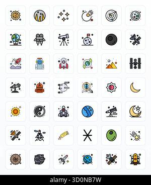 Perfectly balanced 42 Filled Line PIXEL Perfect vector icons for Universe, sized at 256x256 for harmonious integration in digital design projects. Stock Vector